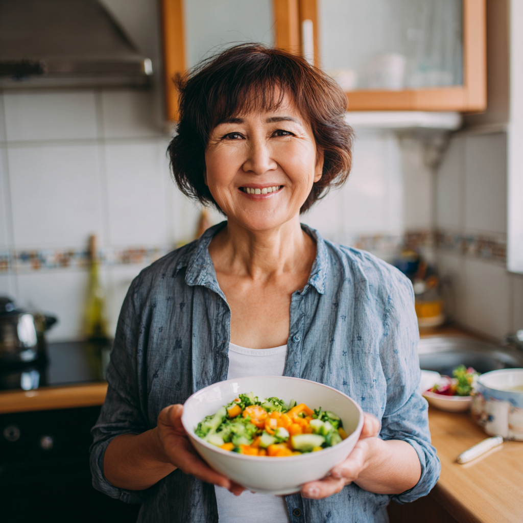 Smiling Kazakh woman in her 30s holding a bowl of fresh vegetables and fruits, radiating health and vitality