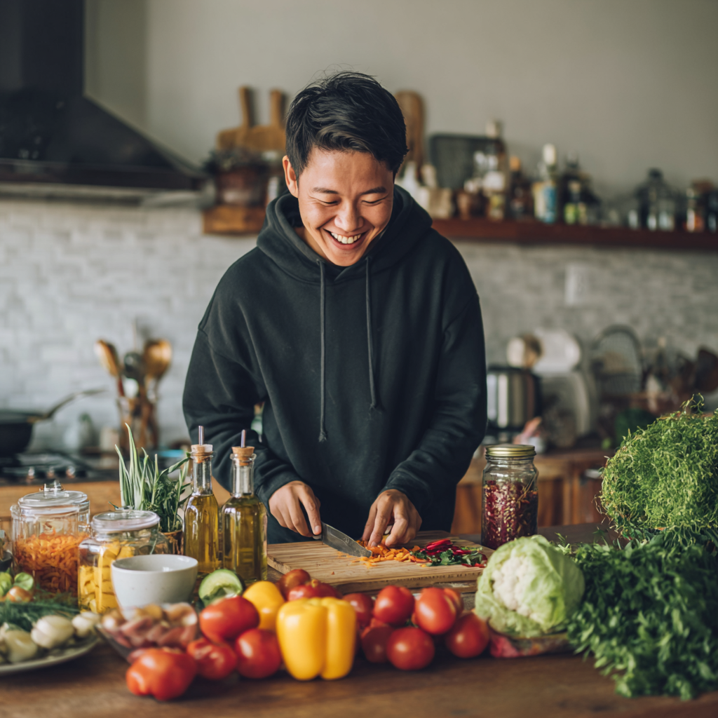 Happy middle-aged Kazakh man enjoying a colorful, nutritious meal at a modern kitchen table