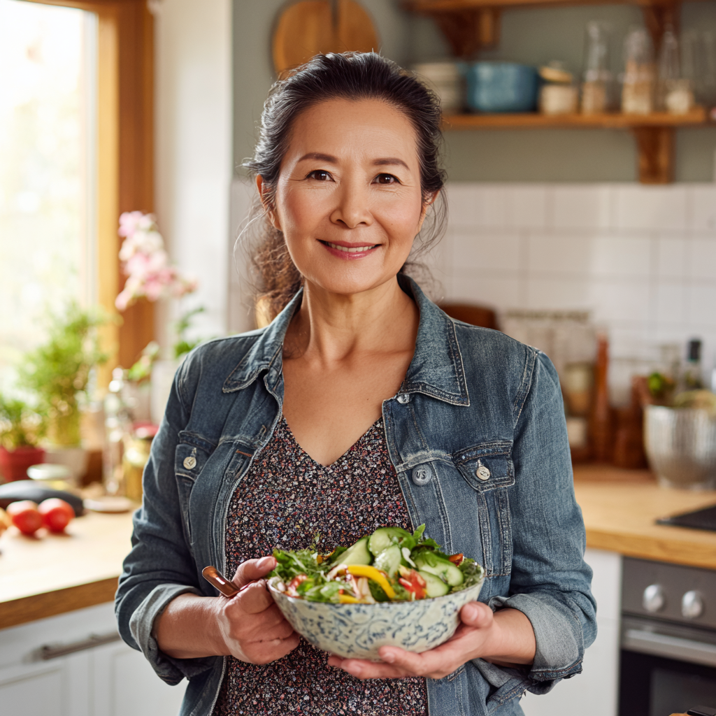 Senior Kazakh woman in her 60s smiling while drinking water from a glass in a bright, modern kitchen
